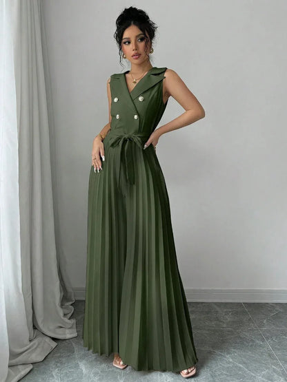 Suit Collar Bow Tie Belted Waist Pleated Jumpsuit - Gizmo Galaxy