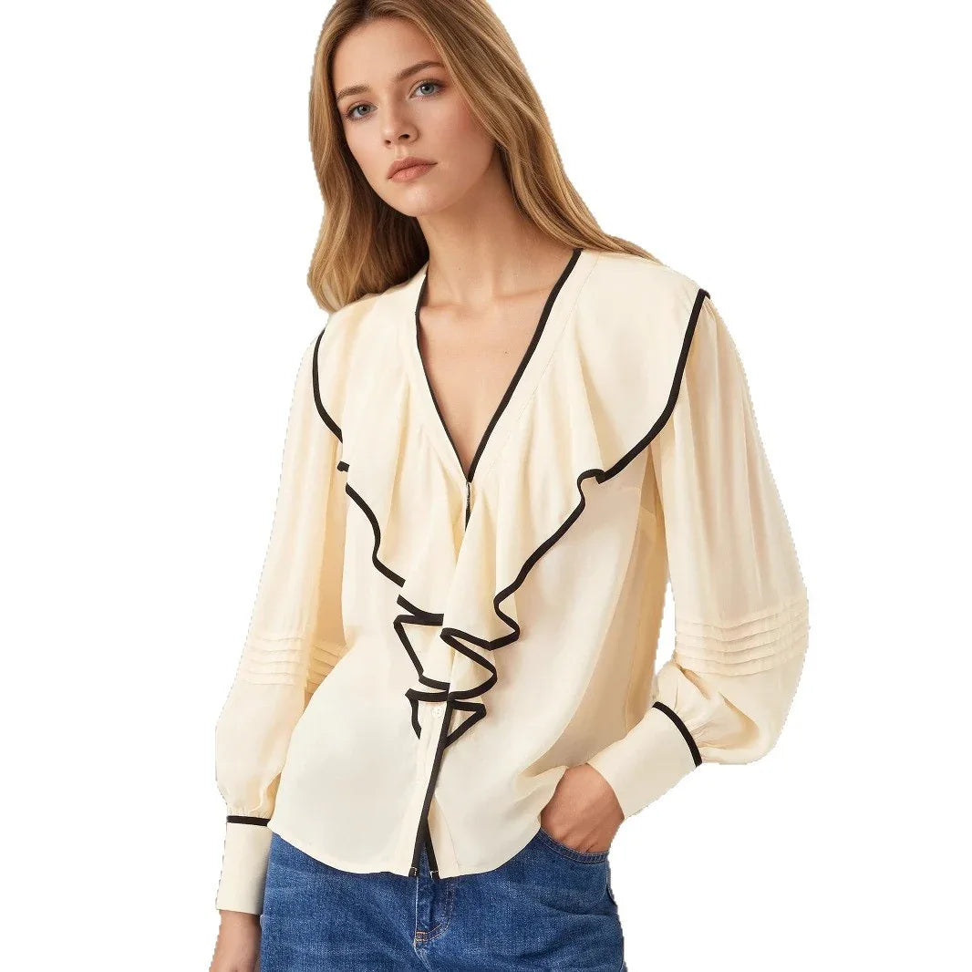 New Women's V-neck Retro Loose-fit Contrast-color Pleated Blouse - Gizmo Galaxy