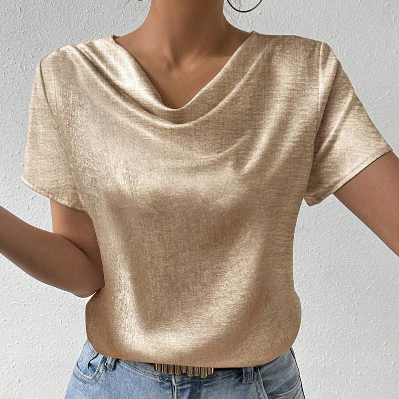 Women's Cowl Neck Short Sleeve Top, Solid Color Loose Fit Summer Office Casual Shirt - Gizmo Galaxy