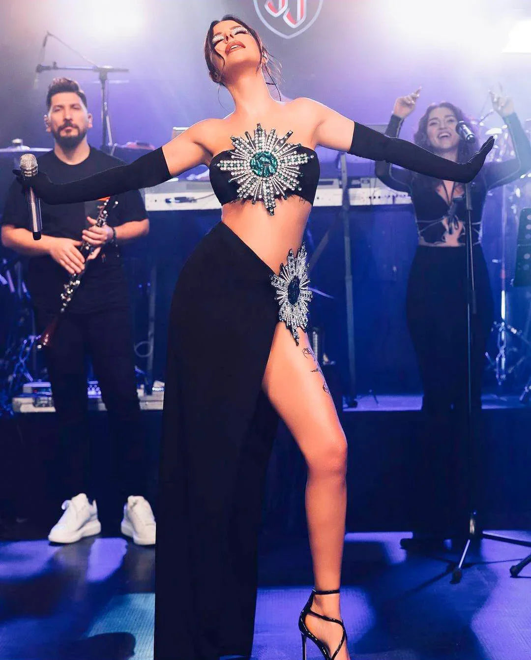 Shiny Rhinestone Tube Top High Slit Skirt Bandage Suit - Gizmo Galaxy