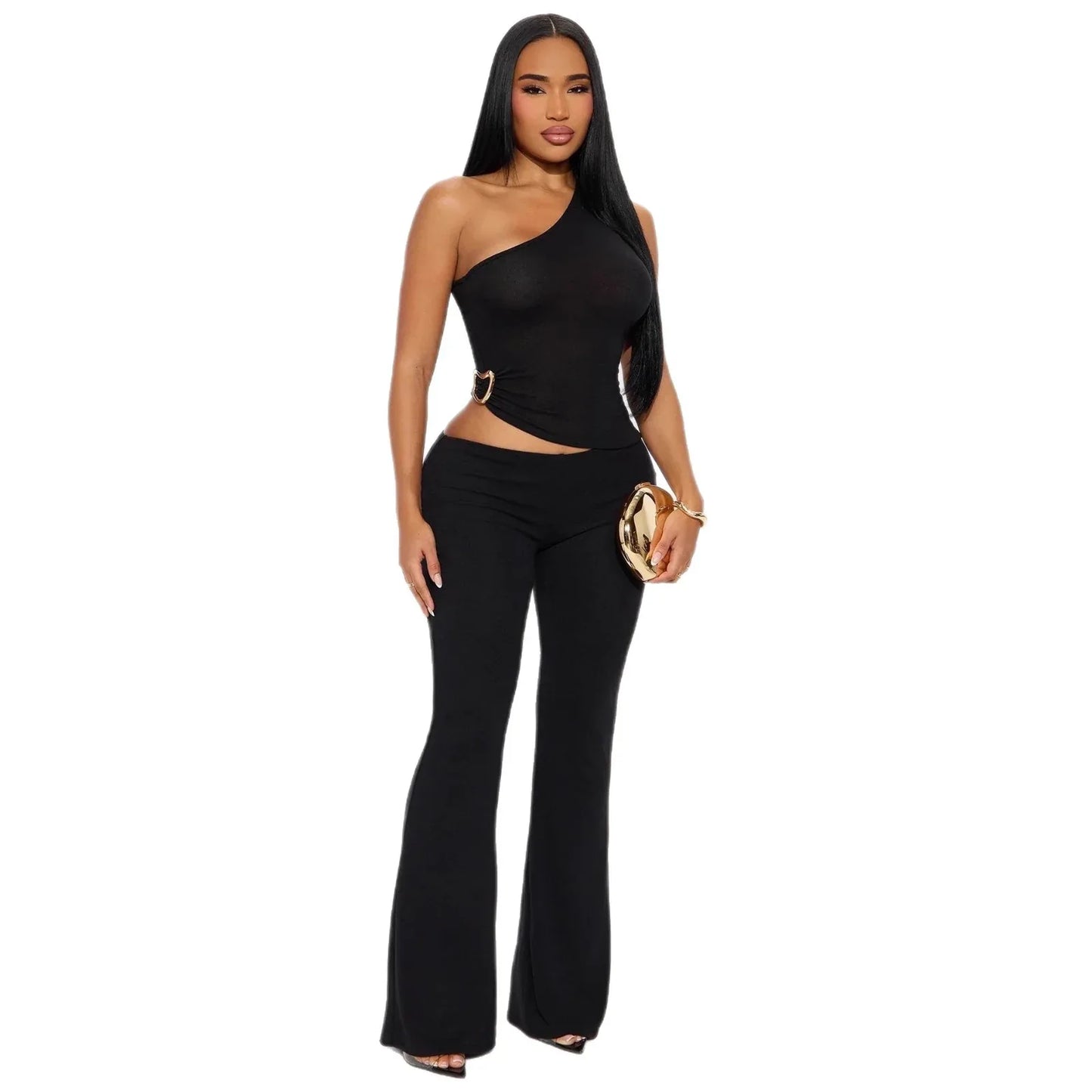 Fashionable Solid-Color Slim-Fit Asymmetrical-Neck Tops And Pants Set That Flatters Your Figure - Gizmo Galaxy