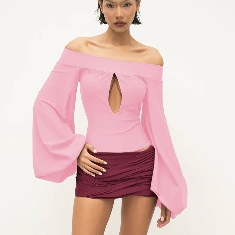 European And American-style Off-neck Lantern Sleeve Hollow-out Top For Women - Gizmo Galaxy