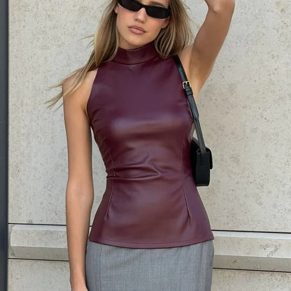 PU Leather Slim-fit Slimming Half Turtleneck Sleeveless Vest - Gizmo Galaxy