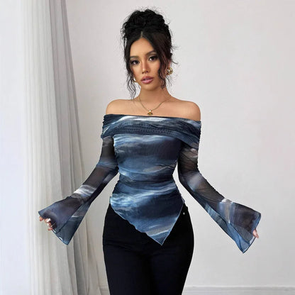 Knitted Mesh Printed Off-shoulder Collar Long Sleeved Fitted T-shirt - Gizmo Galaxy