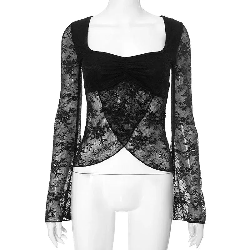 European And American Style Elegant Slim Fit Sexy Style Slit Lace Smock Top Women - Gizmo Galaxy