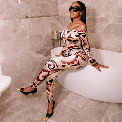 Sexy Print Off-shoulder Cinched Bodycon One-piece Trousers - Gizmo Galaxy