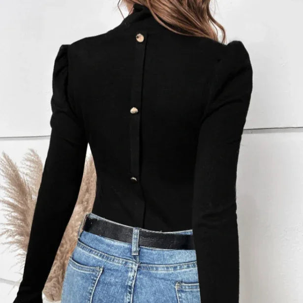 Women's Solid Color High Neck Back Button Decoration Slim Fit Long Sleeved T-shirt - Gizmo Galaxy