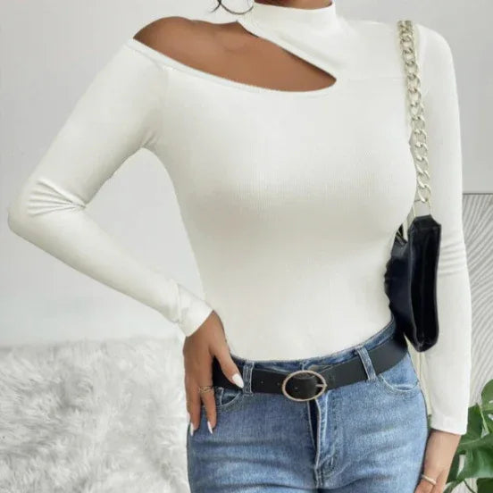 Ladies' Solid Color Elegant High Neck Sloping Shoulder Off The Shoulder Sexy T-shirt Top - Gizmo Galaxy