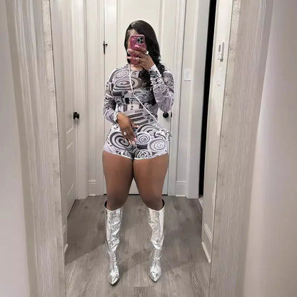 Tight-fitting Printed Crew-neck Stretchy Casual Long-sleeve Shorts Set - Gizmo Galaxy