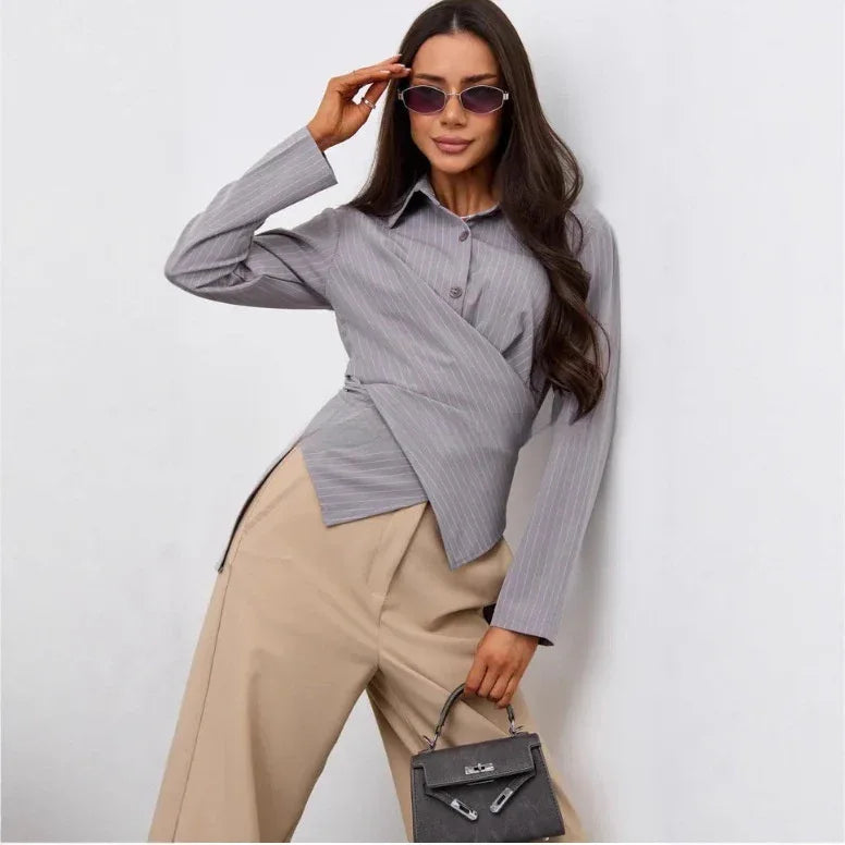 Women's Designer-style Shirt With A Turn-down Collar Slanted Front Placket And A Fitted Waist - Gizmo Galaxy