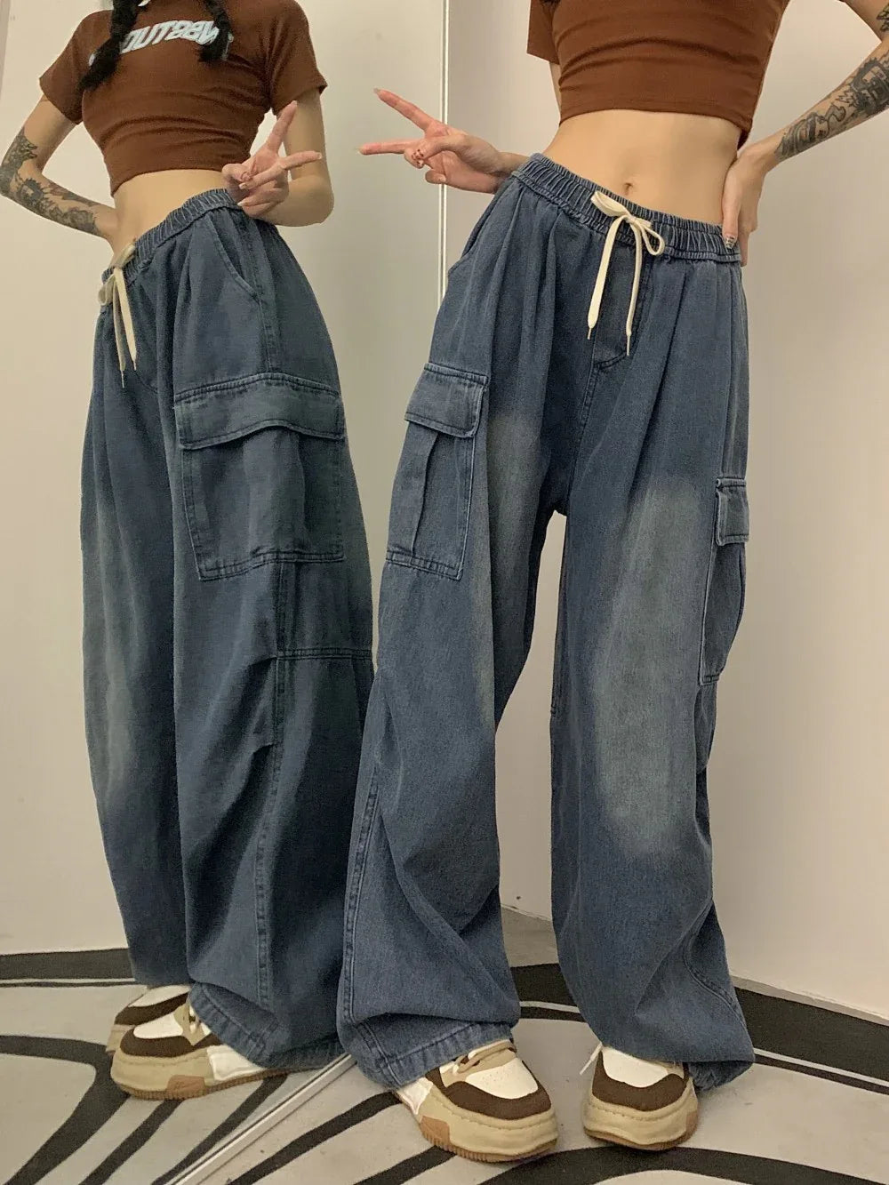 Niche Design Women's Retro Loose Patch Pocket Workwear Denim Jeans - Gizmo Galaxy