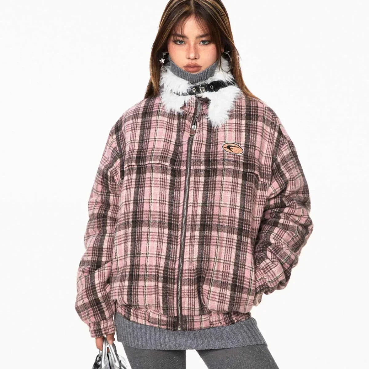 Retro Plaid Fur Collar Age-reducing Gray Loose All-match Design Cotton-padded Coat - Gizmo Galaxy
