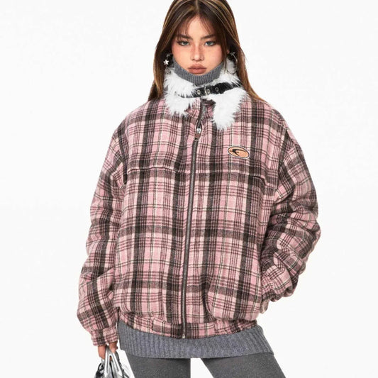 Retro Plaid Fur Collar Age-reducing Gray Loose All-match Design Cotton-padded Coat - Gizmo Galaxy