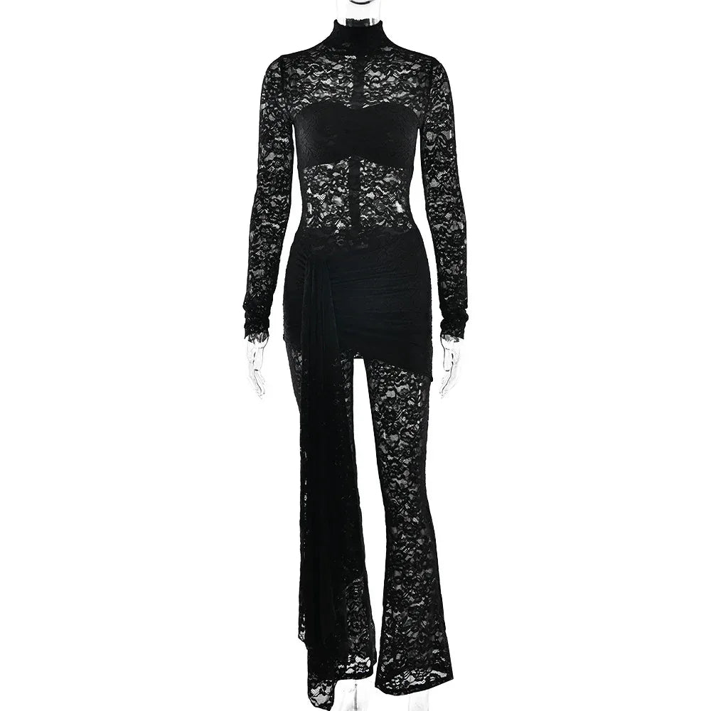 Sheer Lace Sexy Ribbon Slim Jumpsuit - Gizmo Galaxy