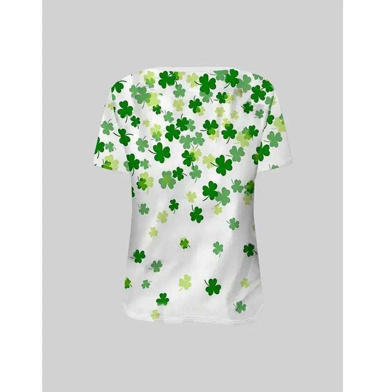 Women's Stylish Shamrock Pattern Crew Neck Tee - Breathable Summer Casual Top - Gizmo Galaxy