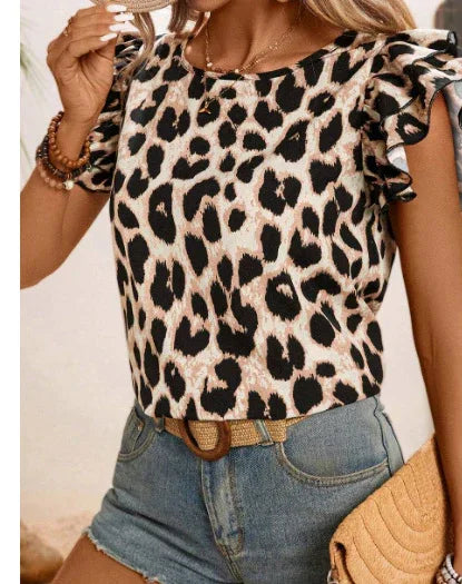 Khaki Leopard Print Layered Ruffled Short Sleeve Blouse - Gizmo Galaxy