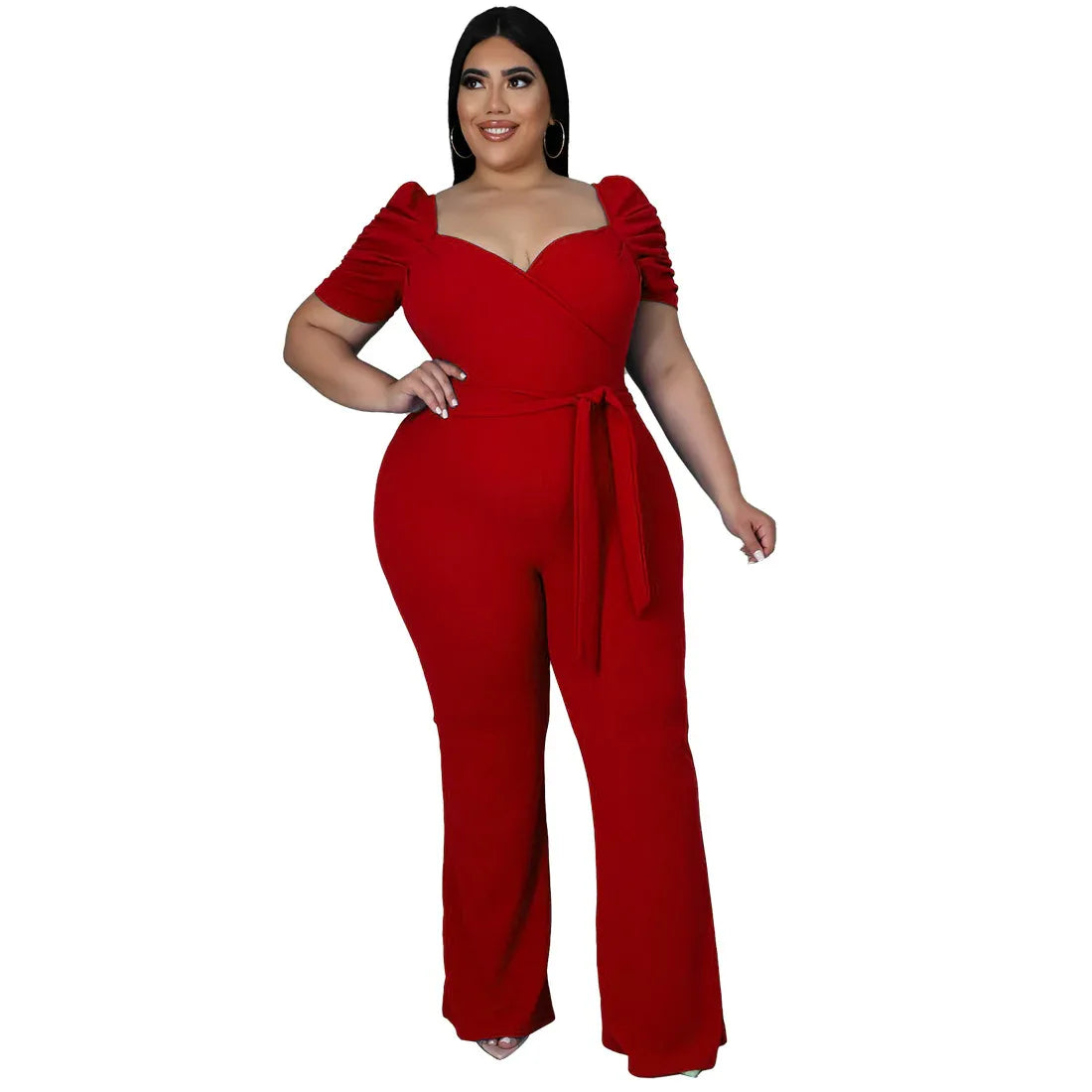 Women's Plus-Size Stand Collar Ruffle Sleeve High-Waist Jumpsuit Wide-Leg Pants - Gizmo Galaxy