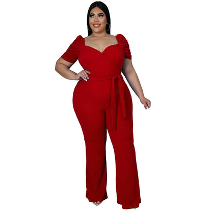 Women's Plus-Size Stand Collar Ruffle Sleeve High-Waist Jumpsuit Wide-Leg Pants - Gizmo Galaxy