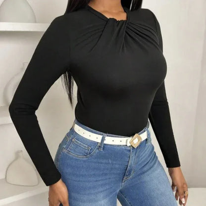 Women's Solid Color Pleated Collar Slim Fit Hip Hugging Long Sleeved T-shirt Top - Gizmo Galaxy