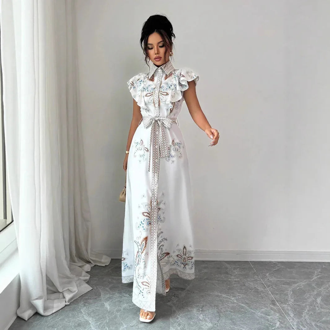 Women's Retro Printed Long-Sleeve Waist-Cinching Single-Breasted Stand-Neckline Dress - Gizmo Galaxy