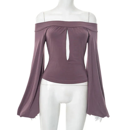 European And American-style Off-neck Lantern Sleeve Hollow-out Top For Women - Gizmo Galaxy