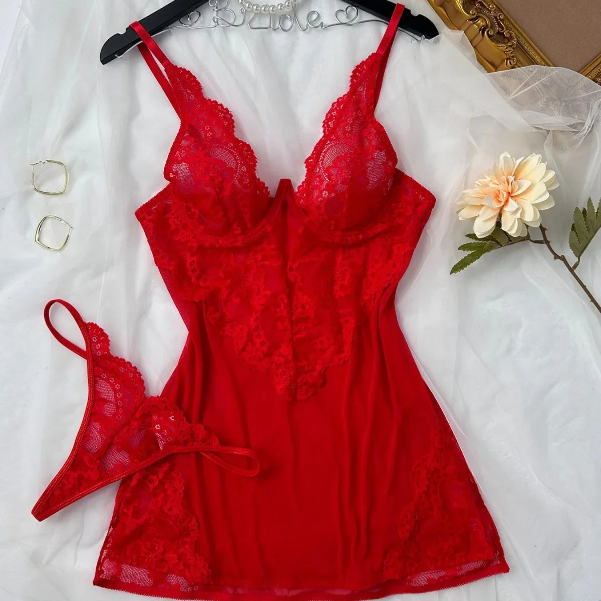Cutout Sling Tulle See-through Lace Pajamas For Women - Gizmo Galaxy