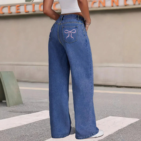 Bow-knot Embroidered Trendy Loose-fit Casual Jeans - Gizmo Galaxy