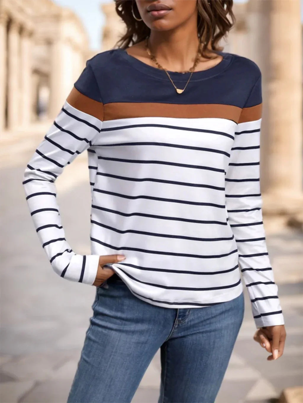 Women's Round Neck Striped Long Sleeve T-Shirt - Gizmo Galaxy