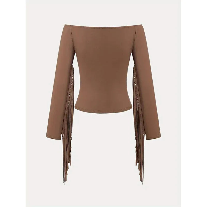 Women's Western Cowgirl Off-Shoulder Fringe Top, Sexy Slim Fitted Long Sleeve Tassel Blouse - Gizmo Galaxy