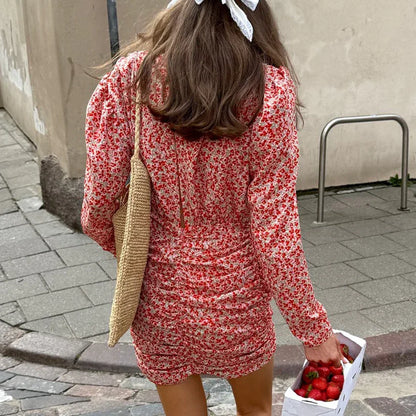 New AutumnWinter French-style Retro Floral Print Deep-V Neck Dress - Gizmo Galaxy