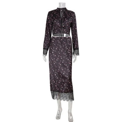 Women's Fashionable Printed Long-Sleeve Lace-Patchwork Skirt Set - Gizmo Galaxy