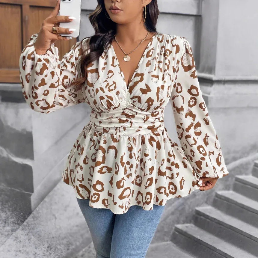 Leopard Print V-neck Long Sleeve Shirt - Gizmo Galaxy