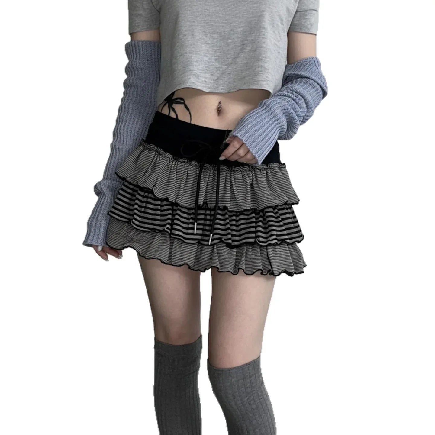 Contrast-color Striped Figure-flattering Layered Ruffle Cake Skirt - Gizmo Galaxy