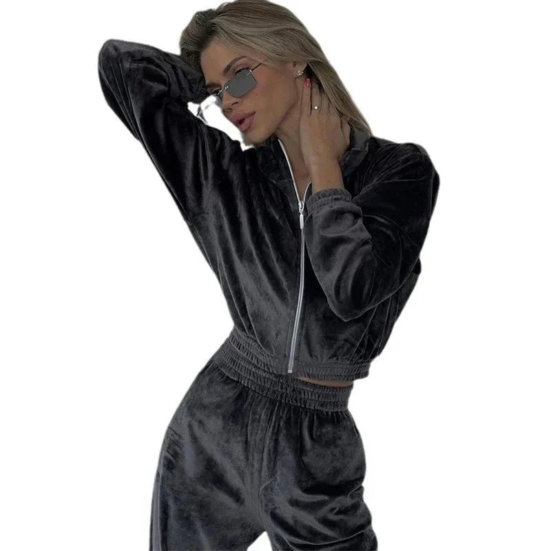 Fashion Women's Long-sleeve Lapel Zip-up Cardigan Hoodie Fleece Sweater Trousers - Gizmo Galaxy