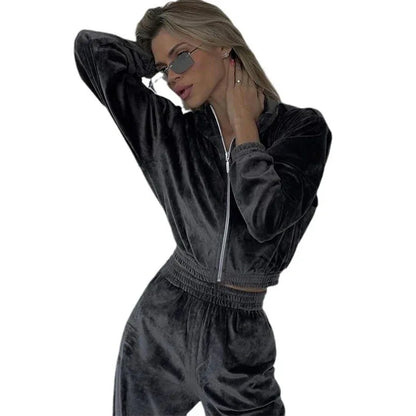 Fashion Women's Long-sleeve Lapel Zip-up Cardigan Hoodie Fleece Sweater Trousers - Gizmo Galaxy