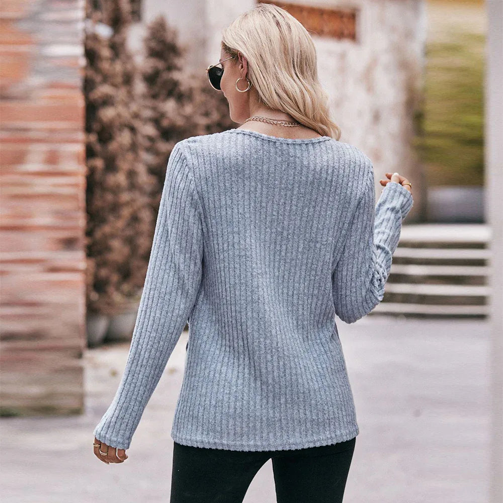 Fast Fashion Simplicity Round Neck Solid Color Buttons Crossover Design Regular Sleeve Knit Tops - Gizmo Galaxy