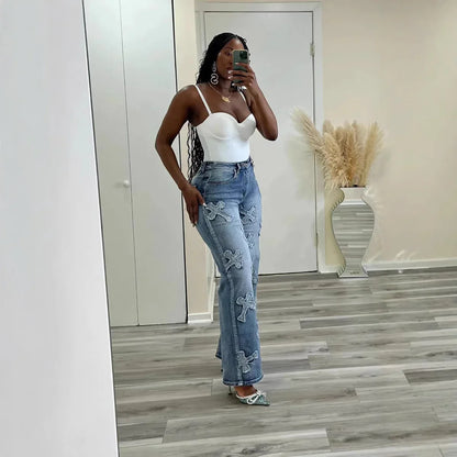 Vintage Washed Denim Fringe Cross Patch Straight Women's Jeans - Gizmo Galaxy