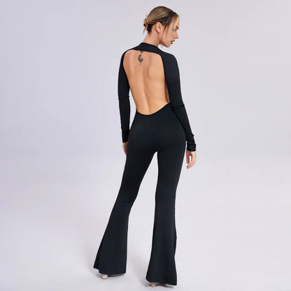 Long-sleeved Open-back Slim-fit Straight-leg Jumpsuit - Gizmo Galaxy