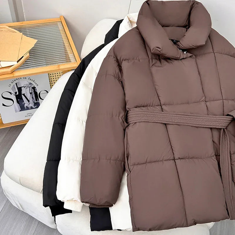 Warm Lapel Plaid Coat With Belt Design Fashion Casual Thick Jacket Fall And Winter Women's Clothing - Gizmo Galaxy
