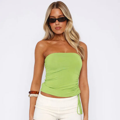 European And American Pure Color Tube-top Slim Fit Drawstring Pleated Simple T-shirt Top For Women - Gizmo Galaxy