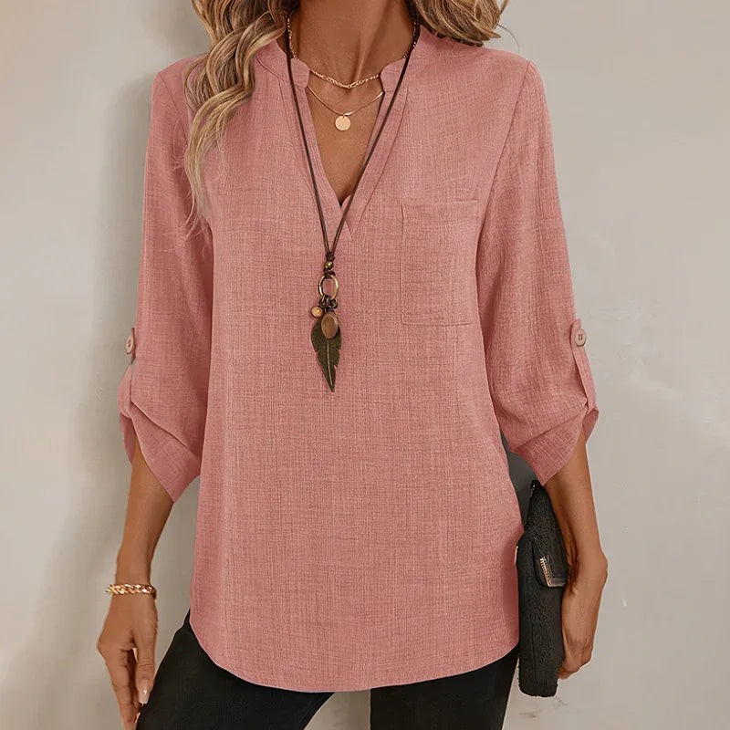 Womens Casual Summer Shirts Notch V Neck Blouses 3 4 Roll Sleeve Tunics Tops - Gizmo Galaxy