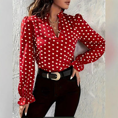 Women's Stand Collar Heart Shape Printed Shirt - Gizmo Galaxy