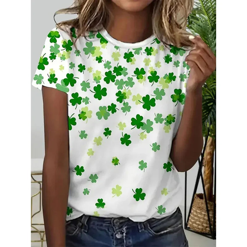 Women's Stylish Shamrock Pattern Crew Neck Tee - Breathable Summer Casual Top - Gizmo Galaxy
