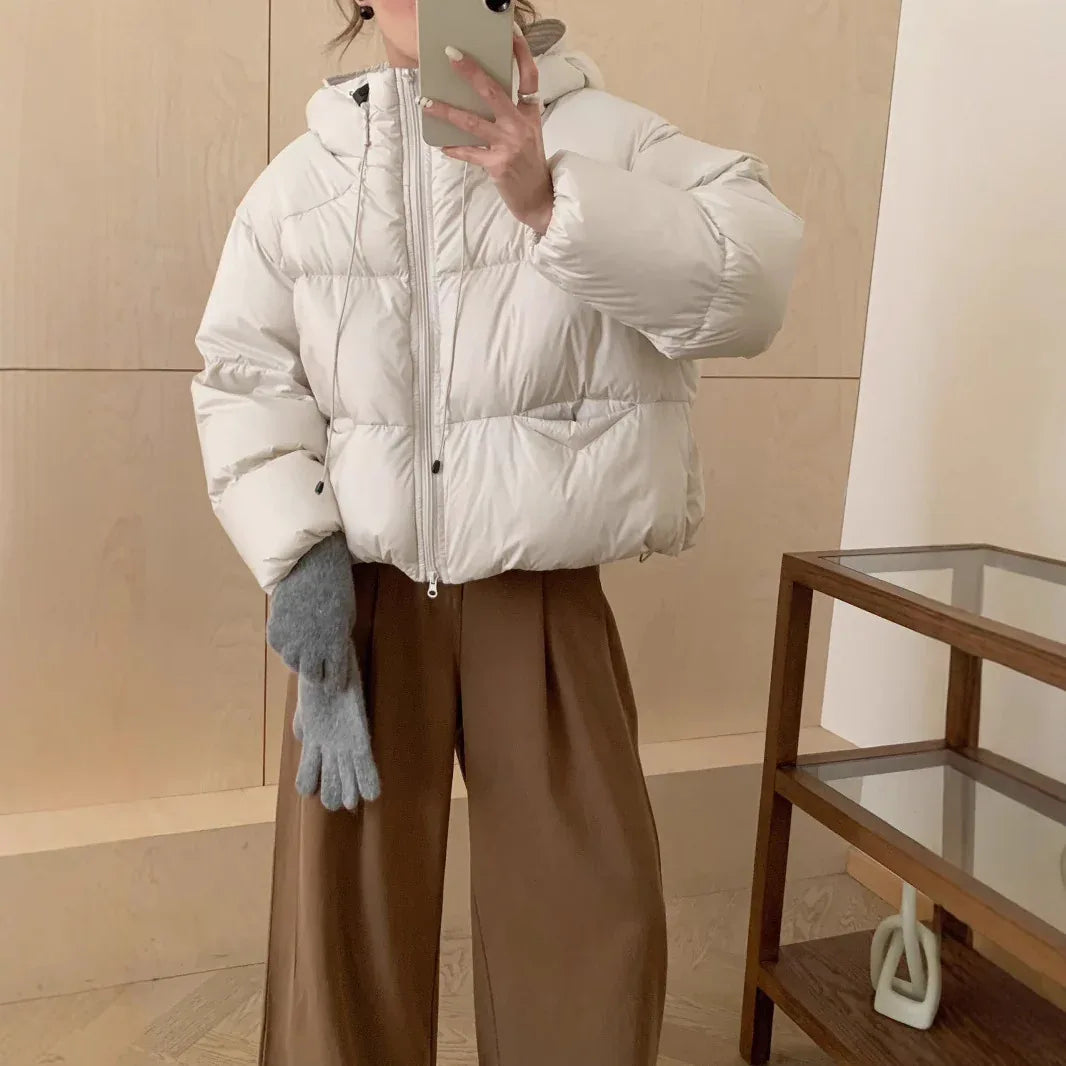 White Duck Down Puff Fluffy Hooded Down Jacket - Gizmo Galaxy