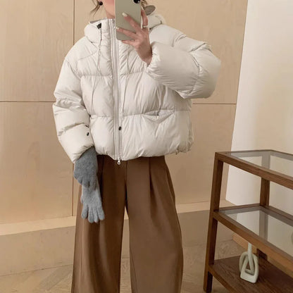 White Duck Down Puff Fluffy Hooded Down Jacket - Gizmo Galaxy