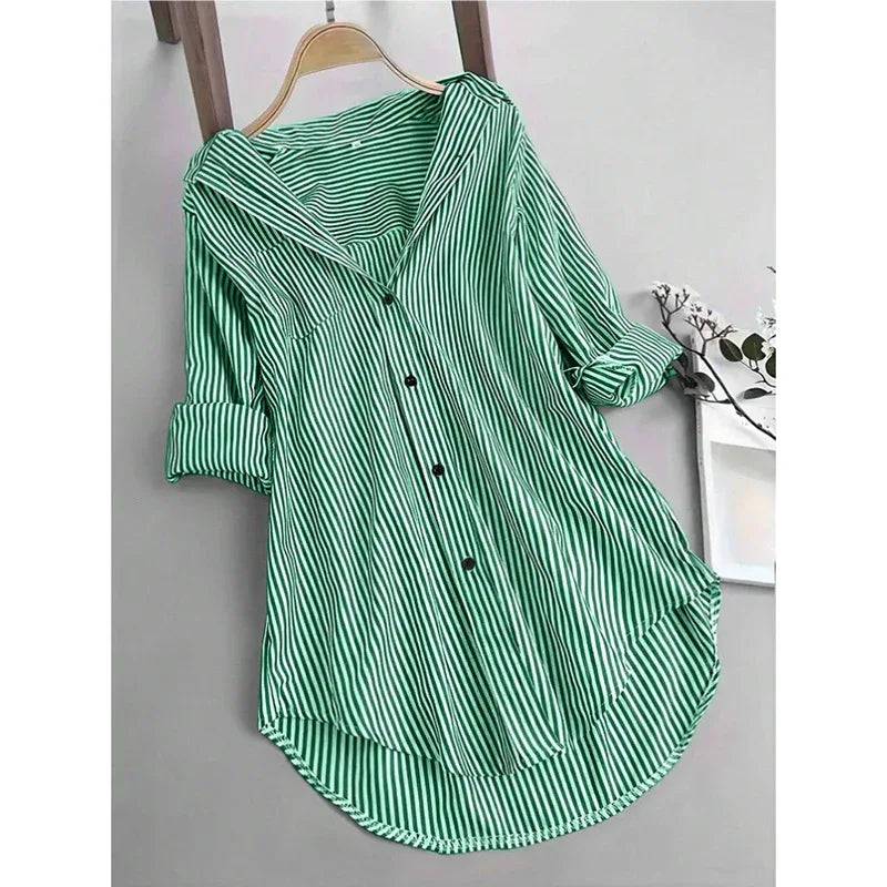 Women Oversized Button Down Striped Shirts Casual Long Sleeve Boyfriend Blouse Top - Gizmo Galaxy