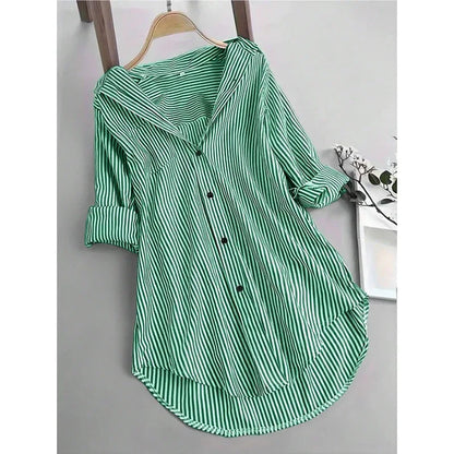 Women Oversized Button Down Striped Shirts Casual Long Sleeve Boyfriend Blouse Top - Gizmo Galaxy