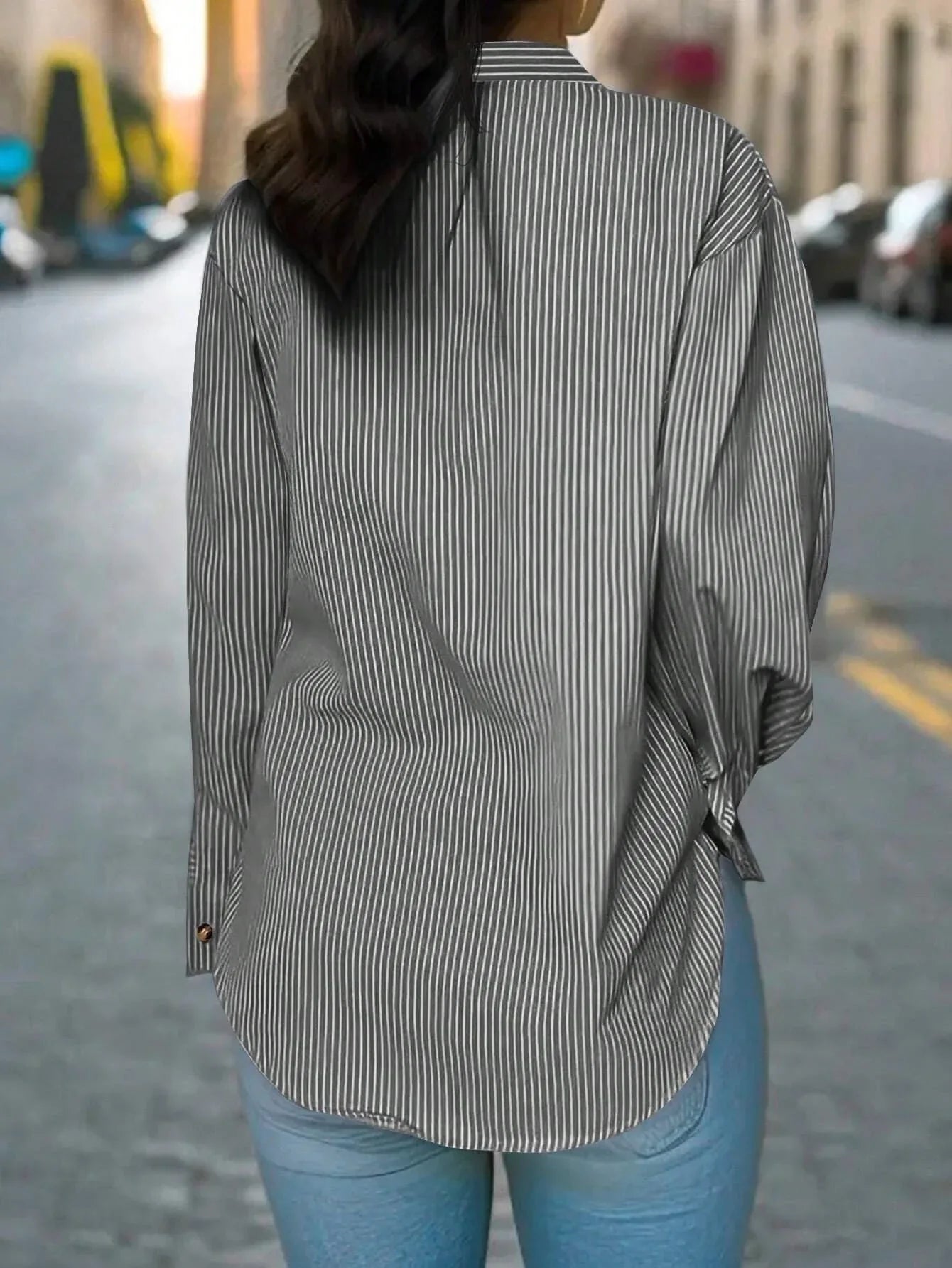 Women's Vertical Striped Notched Collar Shirt,Long Sleeve Tops - Gizmo Galaxy