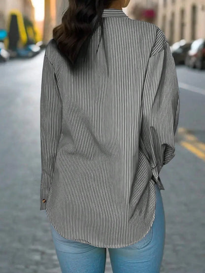 Women's Vertical Striped Notched Collar Shirt,Long Sleeve Tops - Gizmo Galaxy