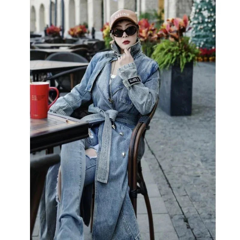 Personality Retro Long Denim Trench Coat - Gizmo Galaxy